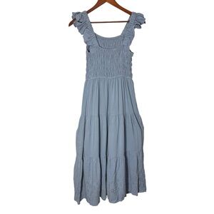 By the River Blue Smocked Tiered Dress Ruffle Straps Eyelet Detail Size Small
